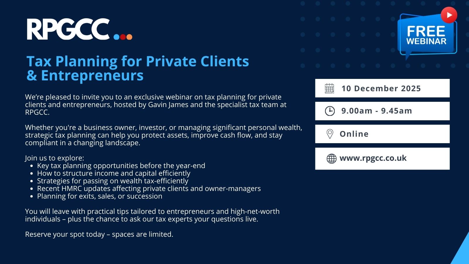 Tax planning for private clients and entrepreneurs webinar 10 December